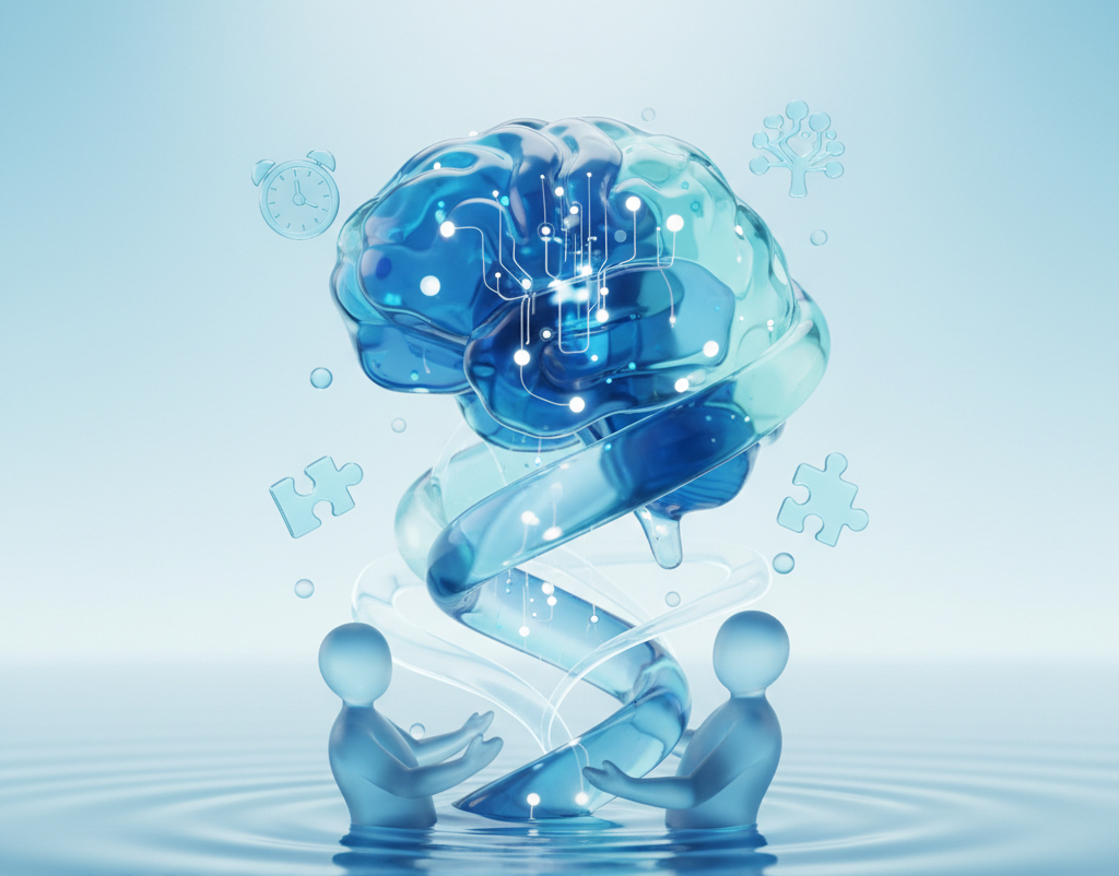 Translucent glass brain with neural pathways, surrounded by two figures collaborating, puzzle pieces, a clock, and a growing tree — symbolizing cognitive recovery, partnership, and growth.